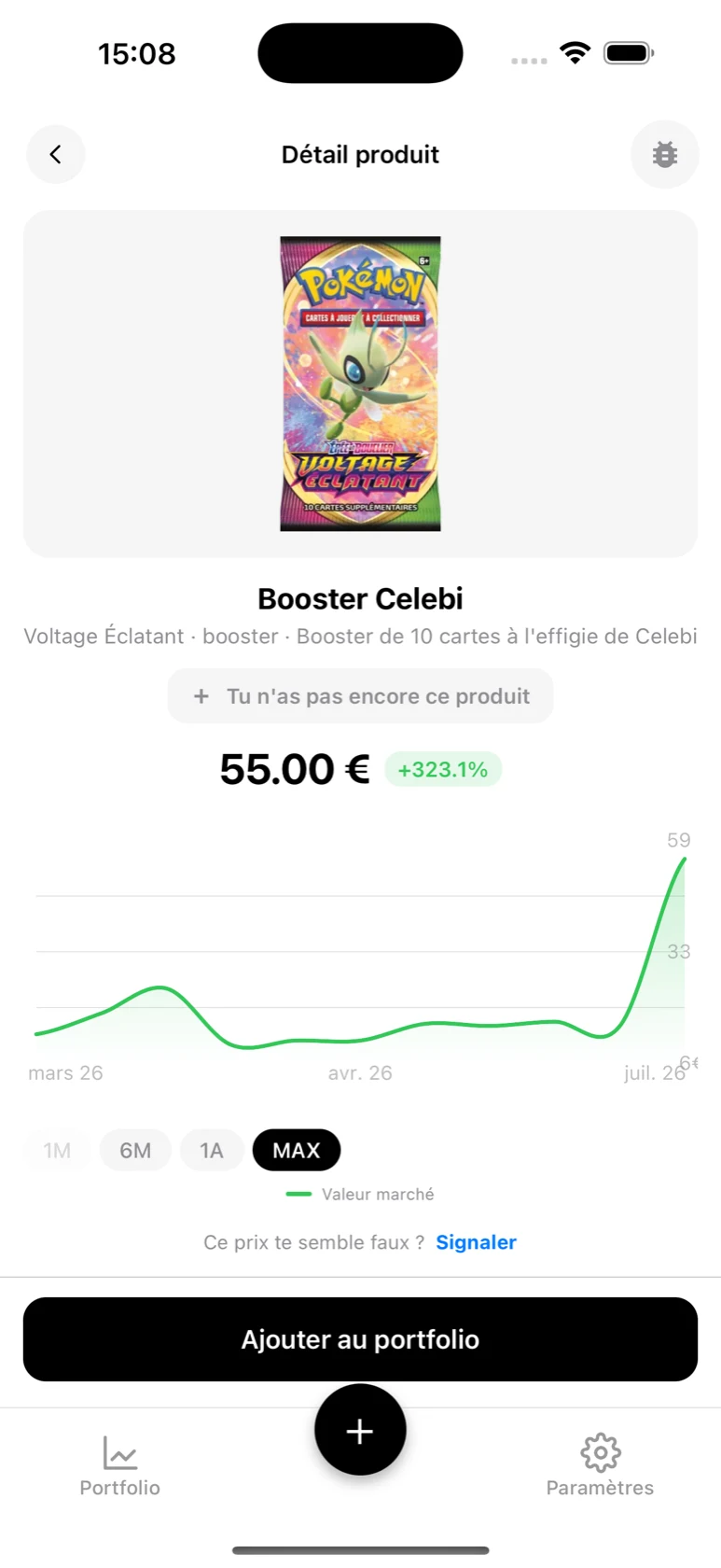 Fiche du Booster Celebi dans BoostaCote avec l'historique complet des ventes en hausse