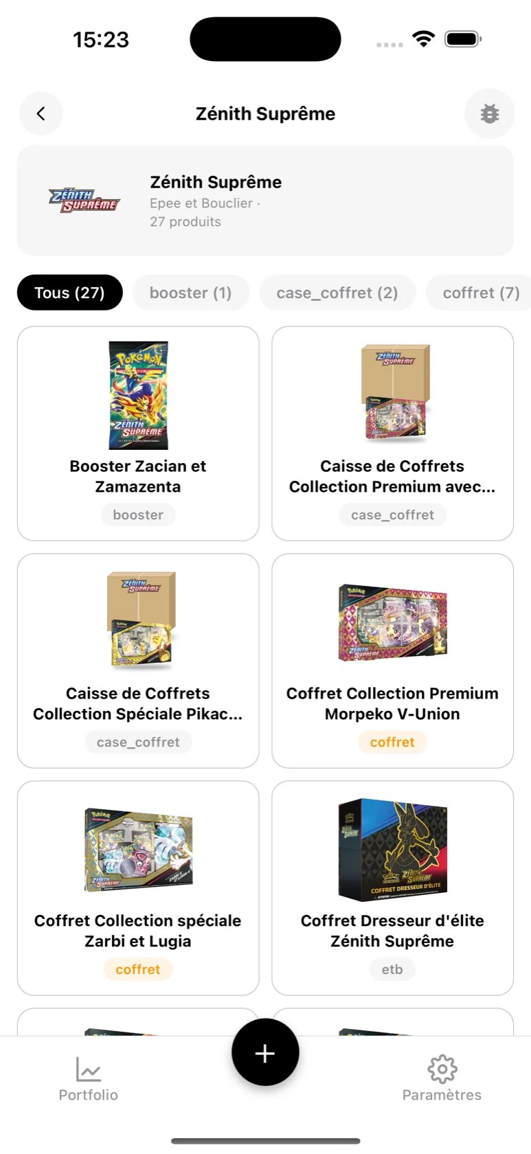 Page de la série Zénith Suprême dans le catalogue BoostaCote avec ses 27 produits filtrables par type