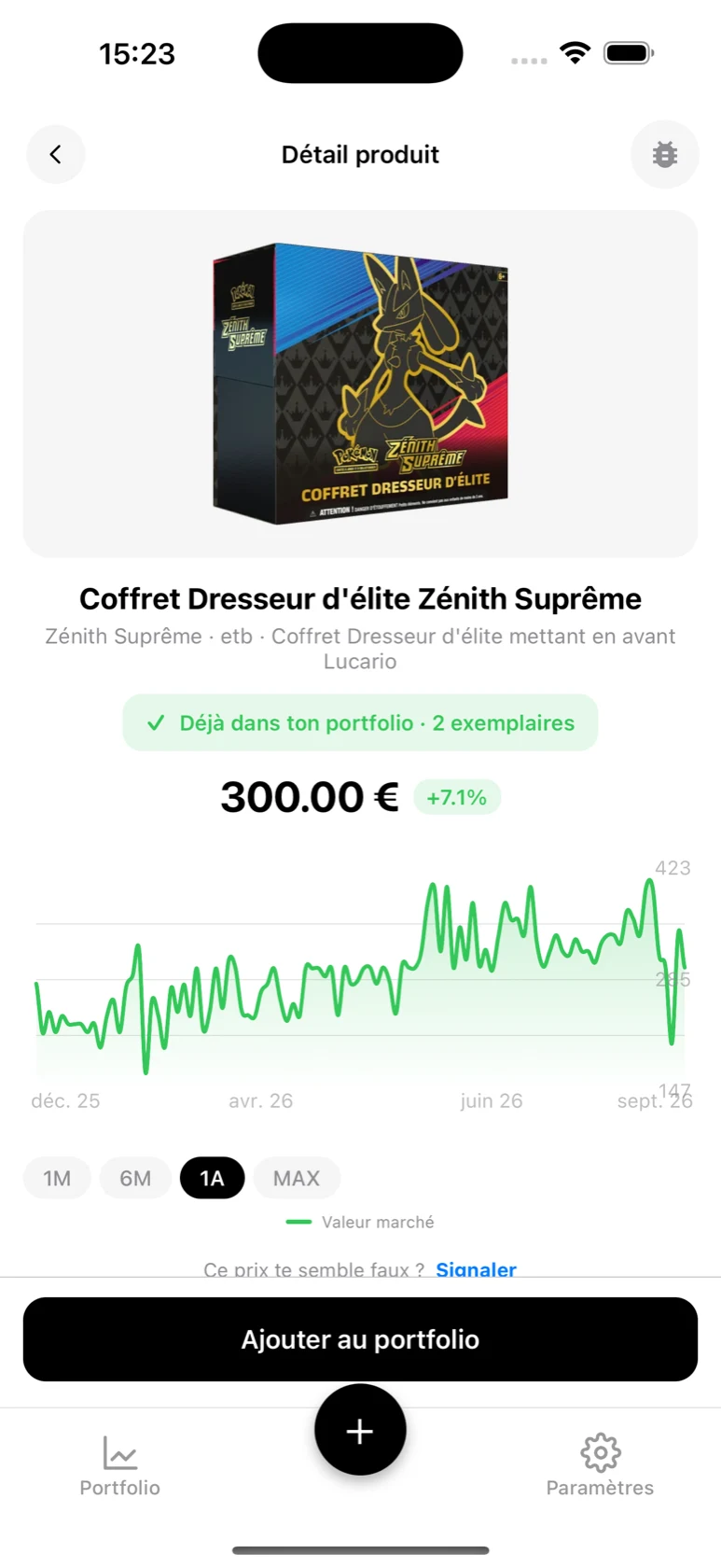 Fiche du Coffret Dresseur d'élite Zénith Suprême dans BoostaCote avec sa courbe sur un an, en hausse