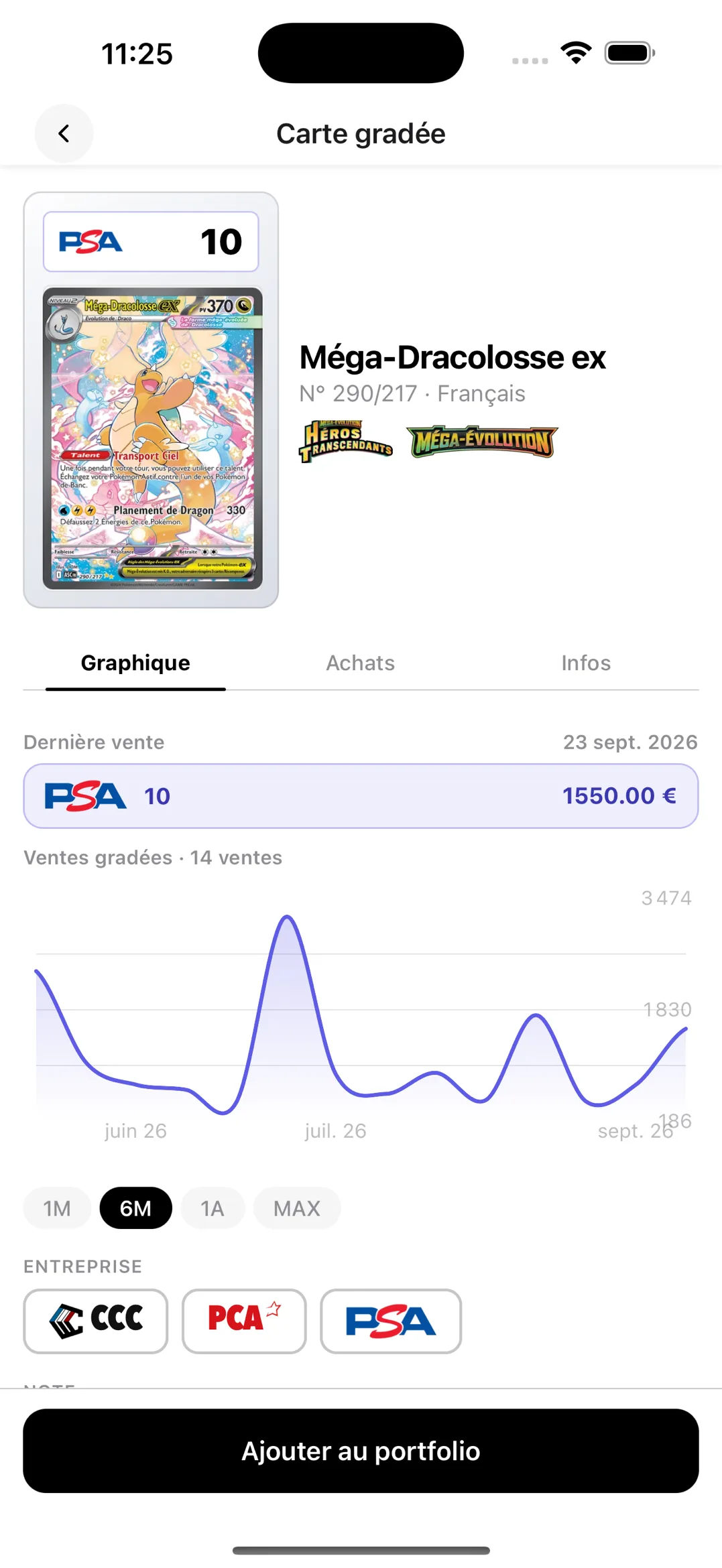 Fiche Méga-Dracolosse ex PSA 10 dans BoostaCote : dernière vente à 1550 € et courbe des 14 ventes gradées