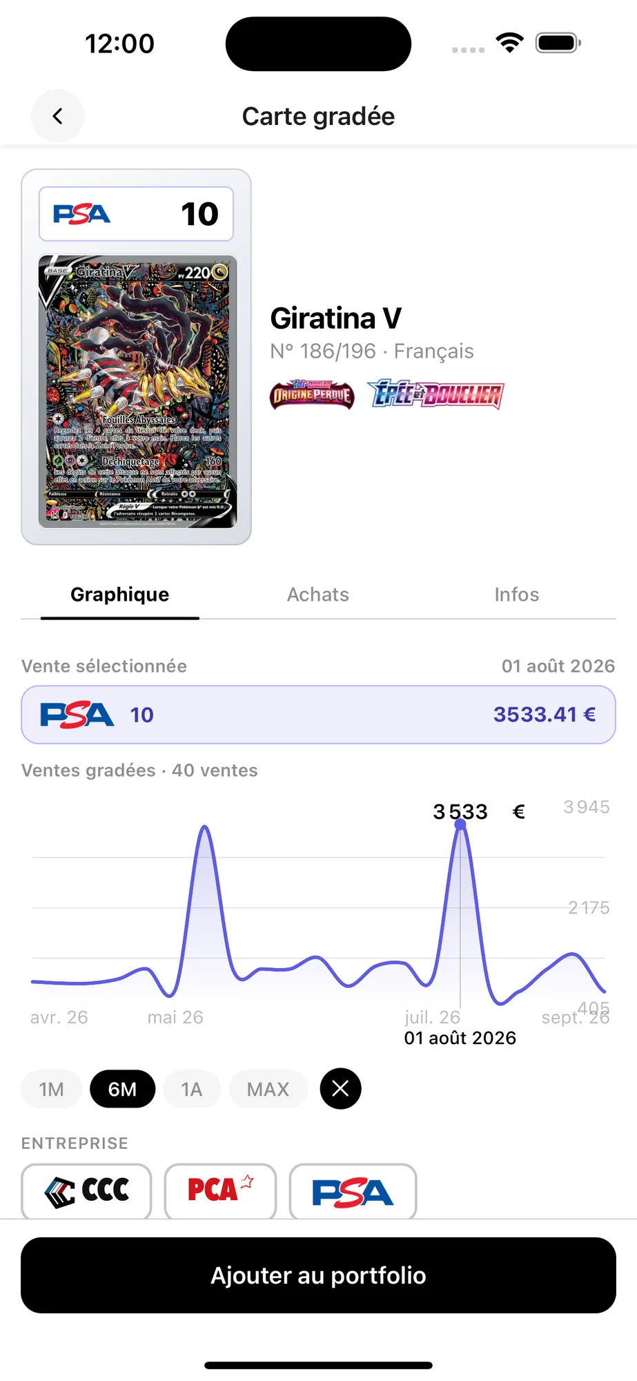 Fiche d'une carte gradée PSA 10, Giratina V, avec l'historique des ventes gradées et le choix de l'entreprise de gradation