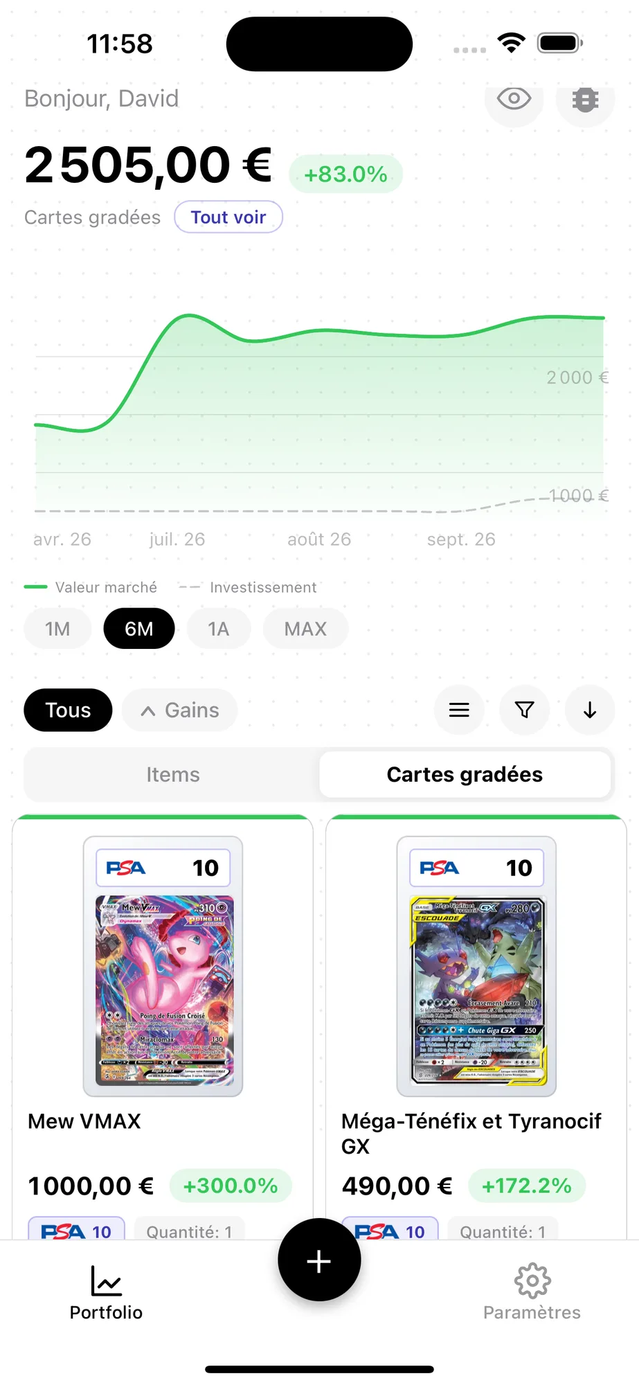 Onglet cartes gradées du portfolio, valeur des slabs PSA 10 et leur performance