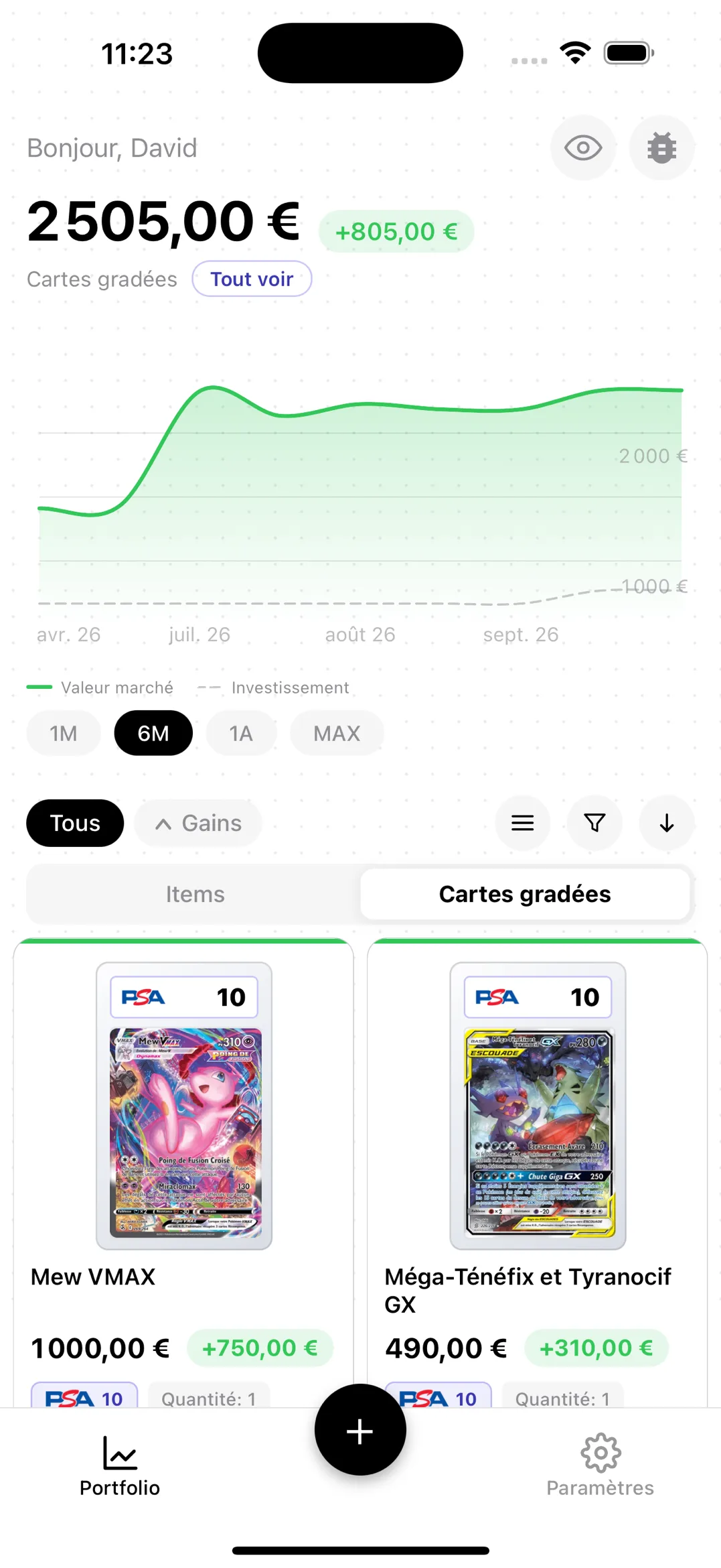 Portfolio Cartes gradées de BoostaCote : 2505 € de valeur totale, +805 € de plus-value, Mew VMAX et Méga-Ténéfix et Tyranocif GX en PSA 10