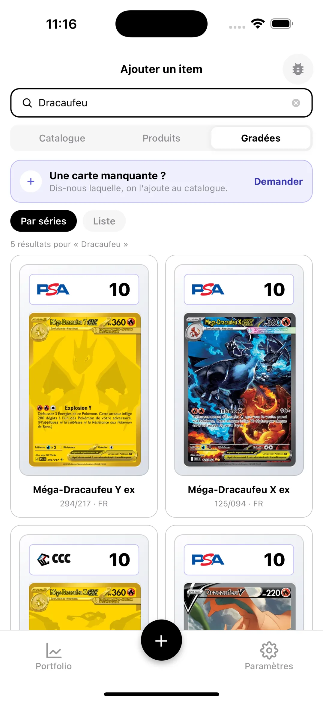 Recherche « Dracaufeu » dans l'onglet Gradées de BoostaCote : Méga-Dracaufeu X et Y ex en PSA 10 et CCC 10