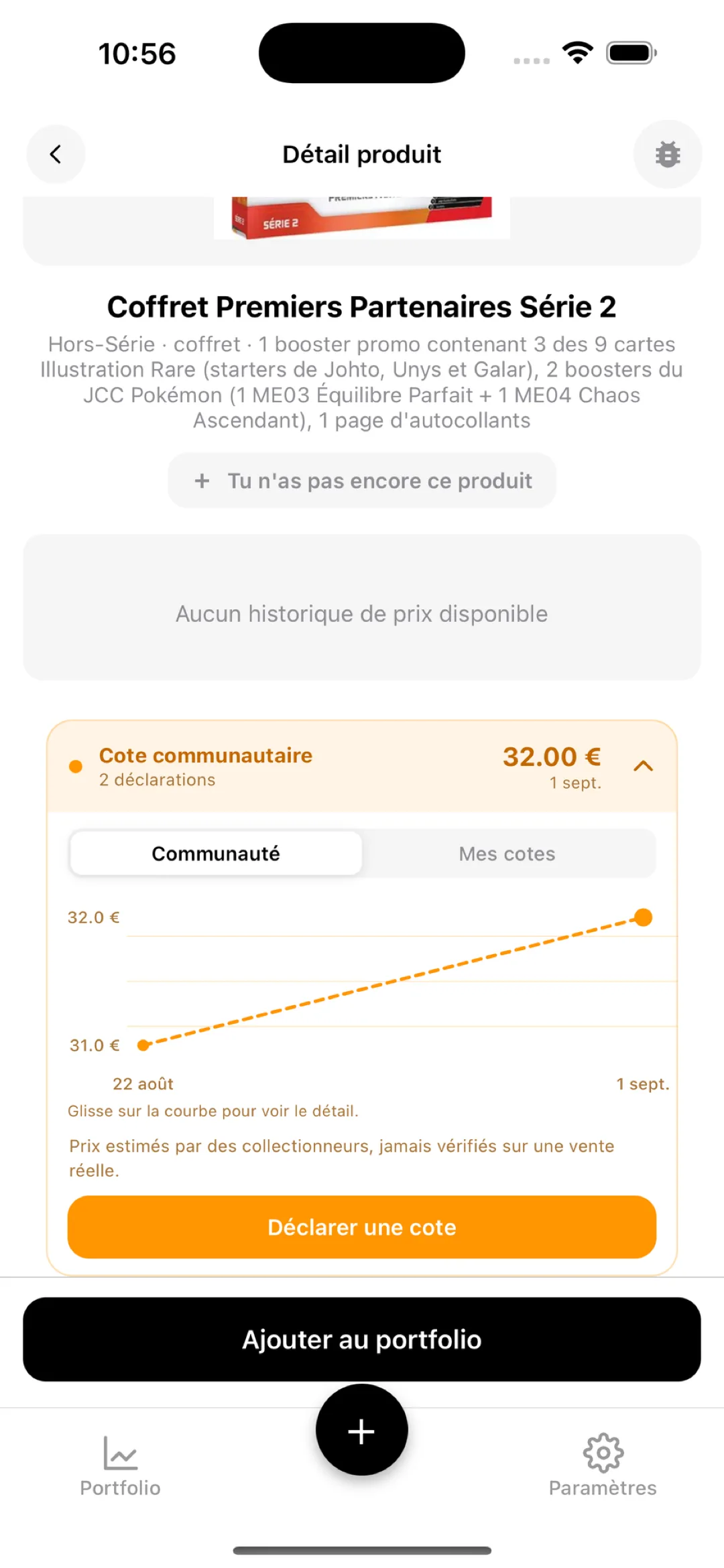 Courbe de la cote communautaire BoostaCote montrant l'évolution des estimations déclarées par les collectionneurs