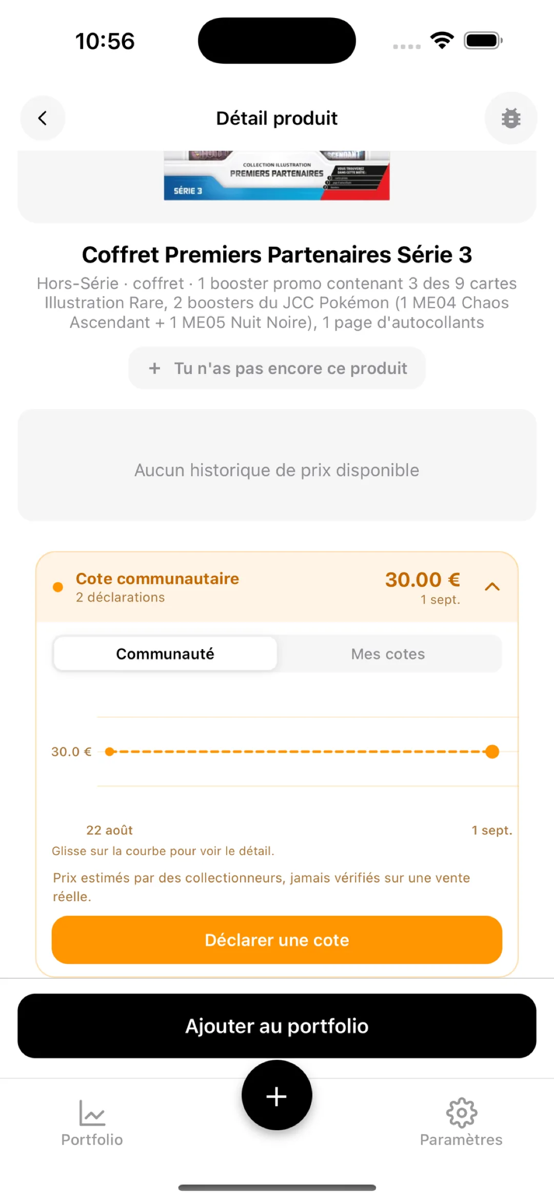 Cote communautaire BoostaCote sur un coffret Pokémon sans historique de prix, avec le bouton Déclarer une cote