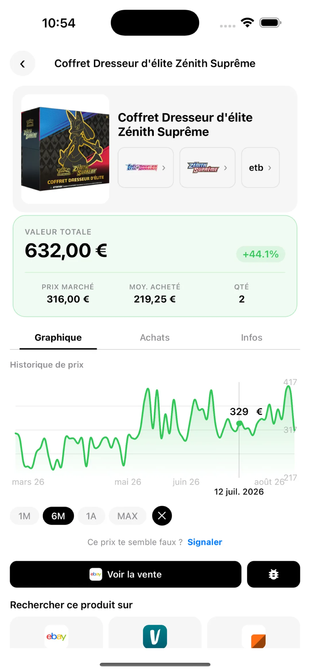 Détail d'un produit du portefeuille BoostaCote : valeur totale, prix marché, moyenne d'achat et quantité
