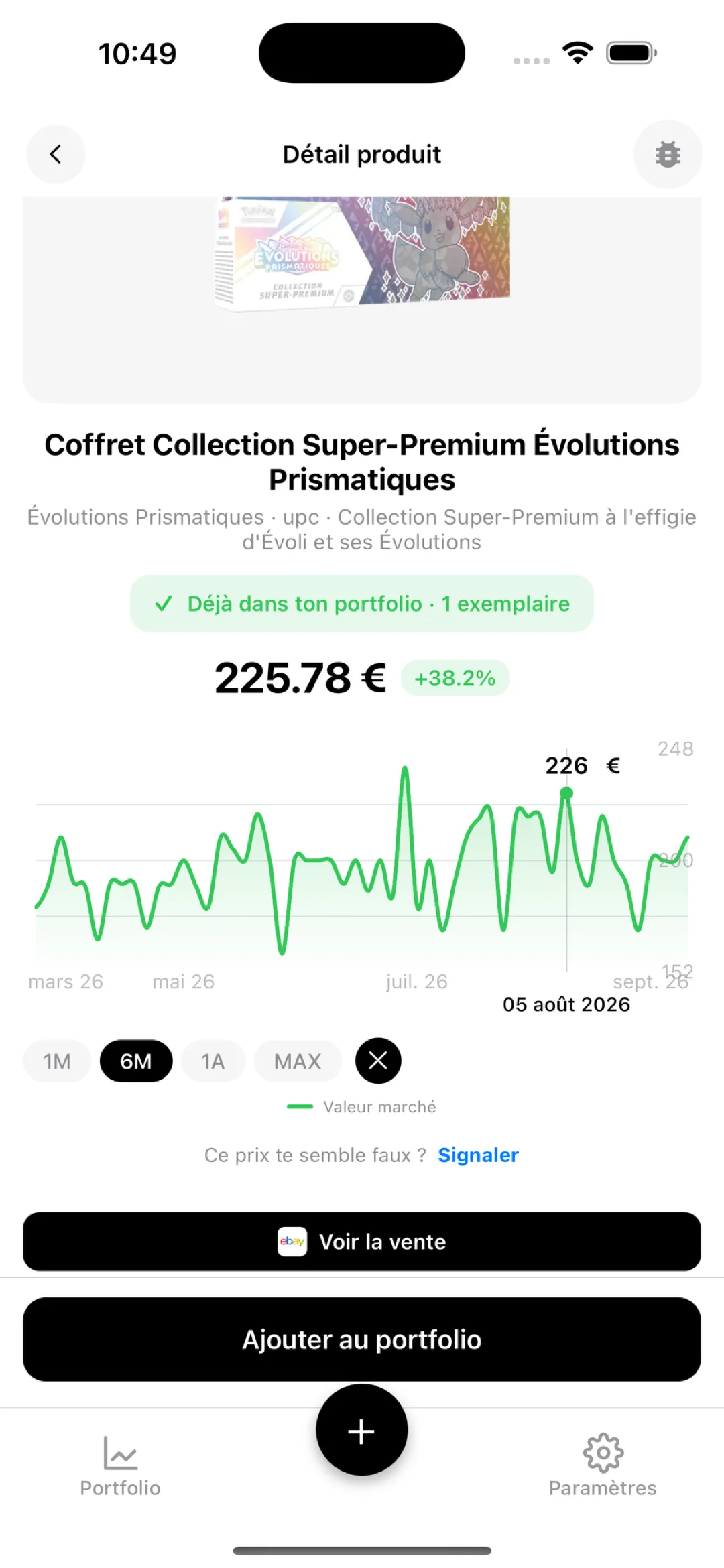 Fiche produit BoostaCote avec la cote actuelle et la courbe d'historique des prix